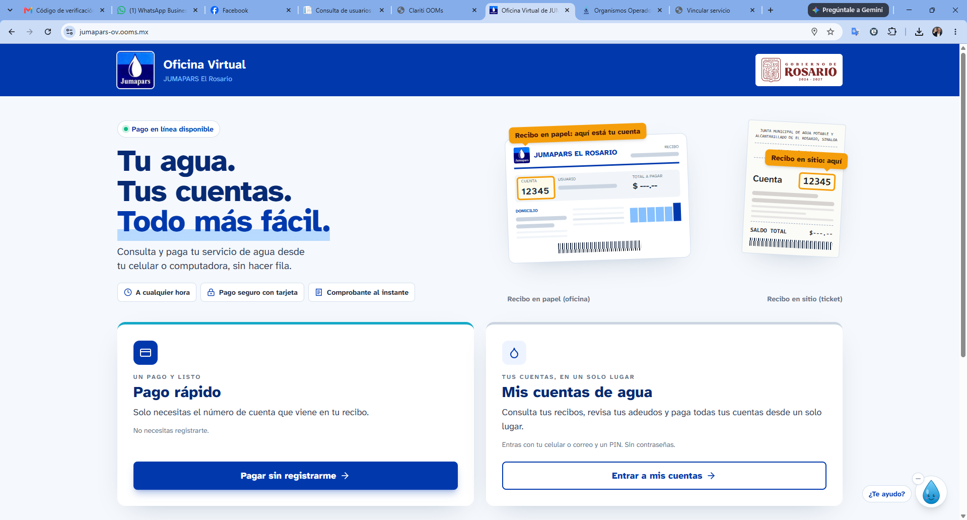 Captura de la Oficina Virtual de JUMAPARS El Rosario, con ayuda para ubicar la cuenta, Pago rápido y Mis cuentas de agua